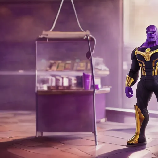 Image similar to thanos working at starbucks, oil painting, octane render