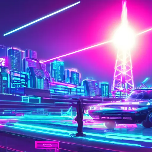 Image similar to retrowave music youtube thumbnail, soft lighting, crepuscular rays, 1980 future, neon lightning, neon grid, 8k, ultra detailed, concept art, hyperdetailed, artstation, cgsociety