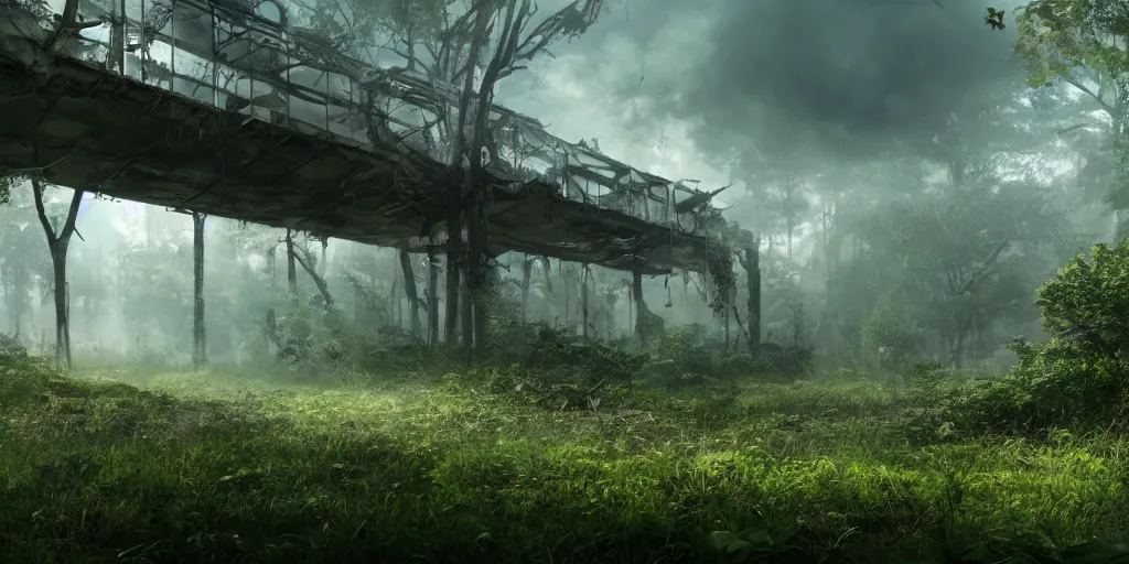 Image similar to abandoned, war-torn clearing, surrounded by lush green vegetation, ground-level view, stunning volumetric lighting, solid concrete, stunning skies, trending on Artstation, 8k, photorealistic, hyper detailed, unreal engine 5, IMAX quality, cinematic, epic lighting