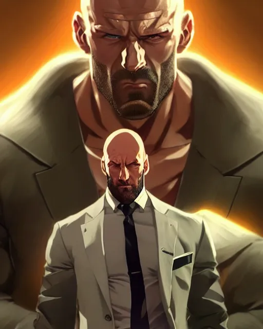 Image similar to gigachad luigi bodybuilder posing like jason statham wearing a suit in the mountain, fantasy character portrait, ultra realistic, anime key visual like saitama, full body concept art like ernest khalimov, intricate details, highly detailed by greg rutkowski, ilya kuvshinov, gaston bussiere, craig mullins, simon bisley