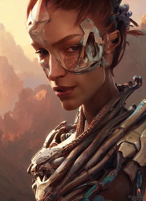 Image similar to asymmetrical!! portrait of an alien with large tubes in face in the style of, machine face, intricate, elegant, highly detailed, digital painting, artstation, concept art, smooth, sharp focus, illustration, art by artgerm and greg rutkowski and alphonse mucha, horizon zero dawn 8 k