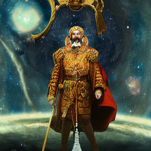 Image similar to ivan the terrible king floating in the cosmos with cosmic energy by tim walker and craig mullins,