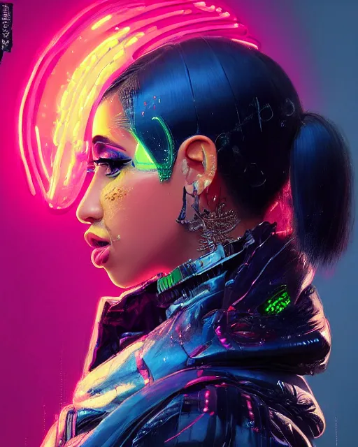 Image similar to detailed side profile portrait Cardi B, cyberpunk futuristic neon, reflective puffy coat, decorated with traditional Japanese ornaments by Ismail inceoglu dragan bibin hans thoma greg rutkowski Alexandros Pyromallis Nekro Rene Maritte Illustrated, Perfect face, fine details, realistic shaded, fine-face, pretty face