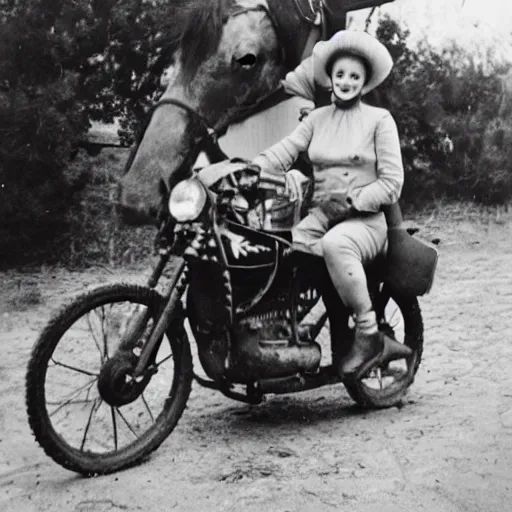 Prompt: photo of a horse - motorcycle being ridden by a blonde woman