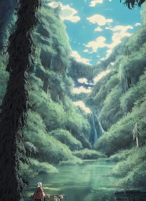 Image similar to the flim poster of a magical place around mountains and river, white spirit flying around the sky, miyazaki's animated film, ghibli studio, princess mononoke, 4 k, highly detailed, horizon view, cinematic composition, hyperdetailed,