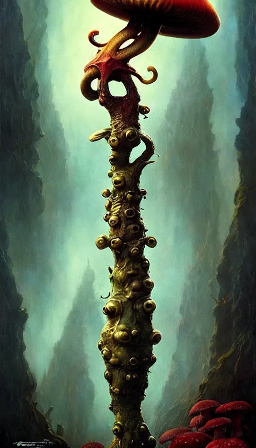 Image similar to exquisite imaginative imposing weird creature movie poster art humanoid hype realistic mushroom movie art by : : weta studio tom bagshaw james jean frank frazetta