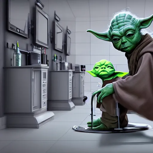 Image similar to yoda at the barbershop, highly detailed, unreal render, 4k hdr