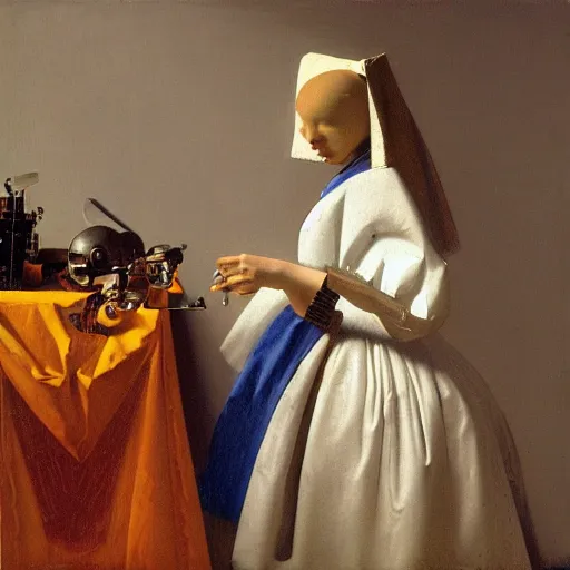 Image similar to a portrait of a detailed cybernetic robot by vermeer