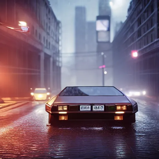 Image similar to hyperdetailed, photorealistic photograph of a dmc 1 2 delorean driving in the streets, rain, night, dense fog, hd, unreal engine 5