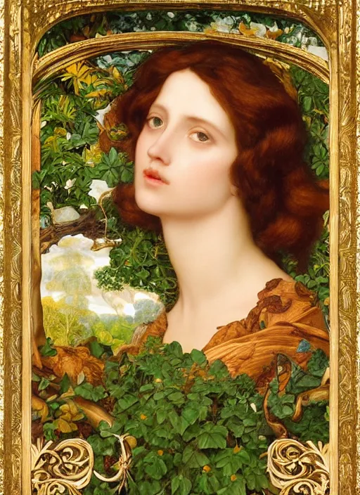 Image similar to masterpiece beautiful seductive flowing curves preraphaelite face portrait amongst leaves, extreme close up shot, straight bangs, thick set features, yellow ochre ornate medieval dress, horns, amongst foliage mushroom forest arch framed with plants, gold gilded circle halo, kilian eng and frederic leighton and rosetti, 4 k
