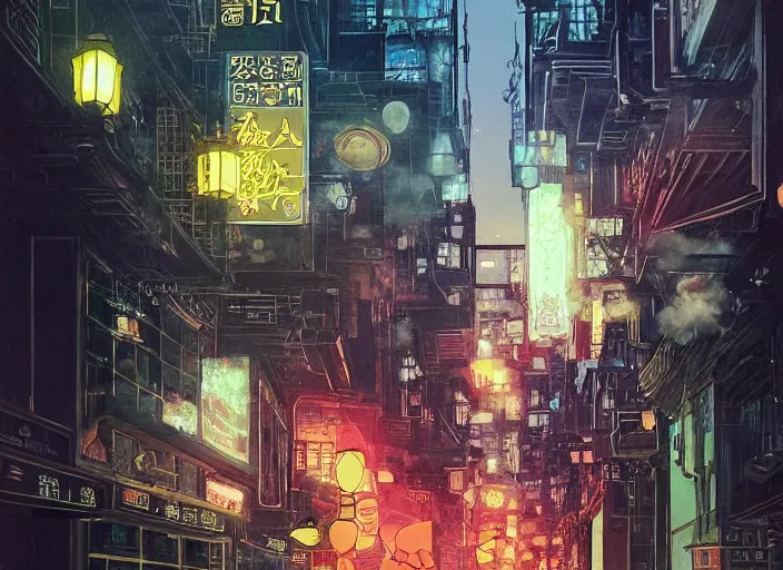 Image similar to anime illustration of 1 9 2 0 s hong kong at night lit by the stars, wispy smoke, highly detailed face, very intricate, symmetrical, cinematic lighting, award - winning, painted by wong kar - wai and mandy jurgens and peter doig, dystopian, bold colors, dark vibes, featured on artstation