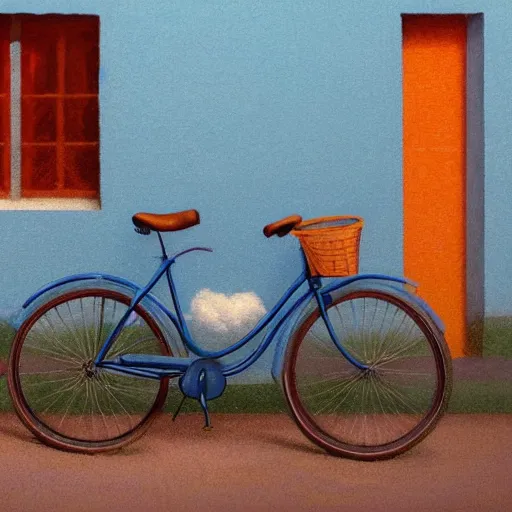 Image similar to a baby blue bike with a flower basket and white tires standing sideways next to a brick red wall, centered, matte painting, dusk, fashion, by rozalski and peter ilsted, artstation