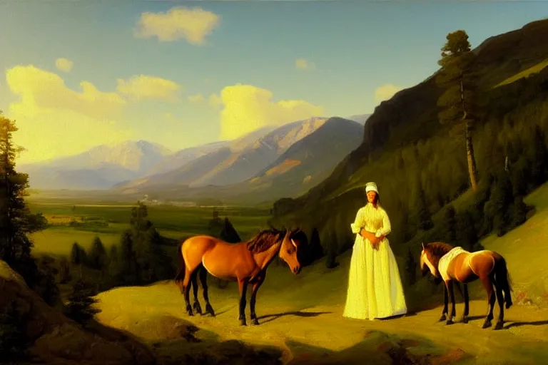 Prompt: scenic western mountain landscape with wild horses and a woman in a long white traditional dress, Anna Ancher & Asher Brown Durand, oil on canvas, beautifully daylight, artstation