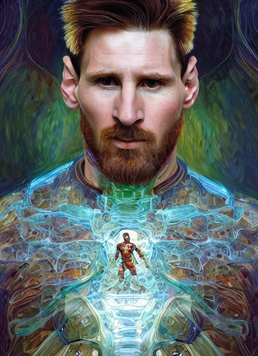 Image similar to lionel messi as a organic cyborg, diffuse lighting, fantasy, intricate, elegant, highly detailed, lifelike, photorealistic, digital painting, artstation, illustration, concept art, smooth, sharp focus, art by john collier and albert aublet and krenz cushart and artem demura and alphonse mucha