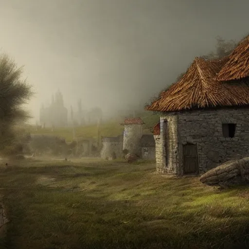 Prompt: matte painting of a countryside landscape of a village. gloomy, fog, elaborate, detailed digital art trending in artstation