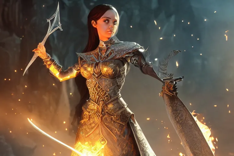 Image similar to ultra detailed fantasy, a beautiful magician with. a fireball in her hand, an ice sword, realistic, dnd, rpg, lotr game design fanart by concept art, behance hd, artstation, deviantart, global illumination radiating a glowing aura global illumination ray tracing hdr render in unreal engine 5