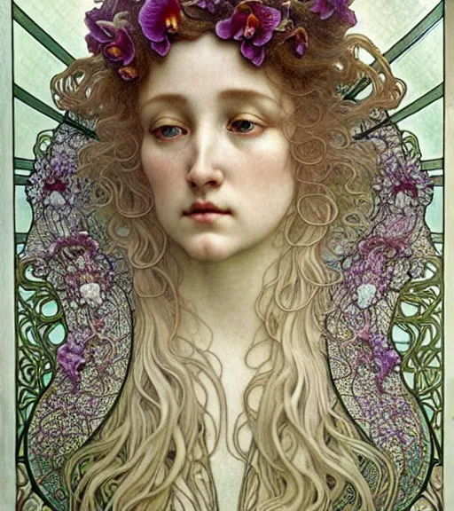 Image similar to beautiful orchid fairy detailed realistic porcelain face portrait by jean delville, alphonse mucha, iris van herpen and marco mazzoni, art forms of nature by ernst haeckel, art nouveau, symbolist, visionary, gothic, neo - gothic, pre - raphaelite, fractal lace, intricate alien botanical biodiversity, surreality, hyperdetailed ultrasharp octane render