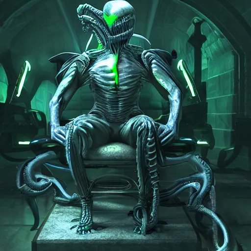 Prompt: a realistic sanke from metal gear dressing necromancer clothes sited in a xenomorphic throne with glow neon eyes, finely detailed, 4 k, photorealistic, cycles engine,