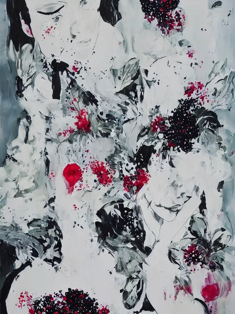 Image similar to “art in an Australian artist’s apartment, portrait of a woman wearing white cotton cloth, eating luscious fresh berries, white wax, edible flowers, Japanese pottery, ikebana, black walls, acrylic and spray paint and oilstick on canvas”