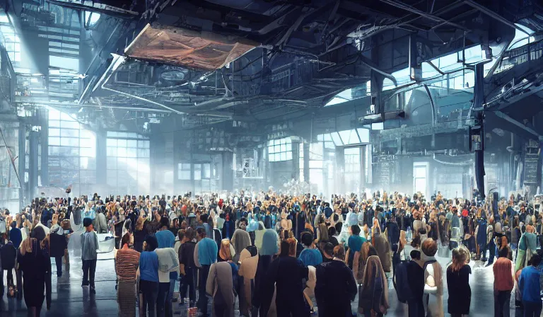 Image similar to large group people in simple warehouse, looking at hologram of futuristic city on a table, cinematic concept art, godrays, golden hour, natural sunlight, 4 k, clear details, tabletop model buildings, center model buildings, hologram center, crane shot, crane shot, crane shot, clear details, windows