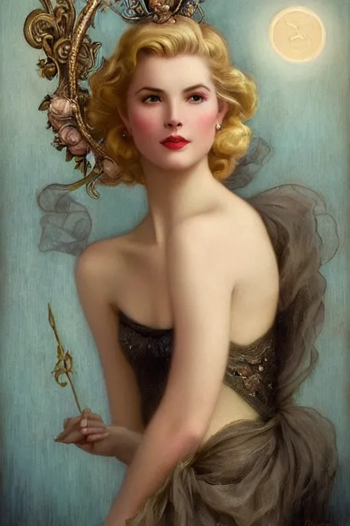 Image similar to a young and extremely beautiful grace kelly infected by night by tom bagshaw in the style of a modern gaston bussiere, art nouveau, art deco, surrealism. extremely lush detail. melancholic scene infected by night. perfect composition and lighting. profoundly surreal. high - contrast lush surrealistic photorealism. sultry and mischievous expression on her face.