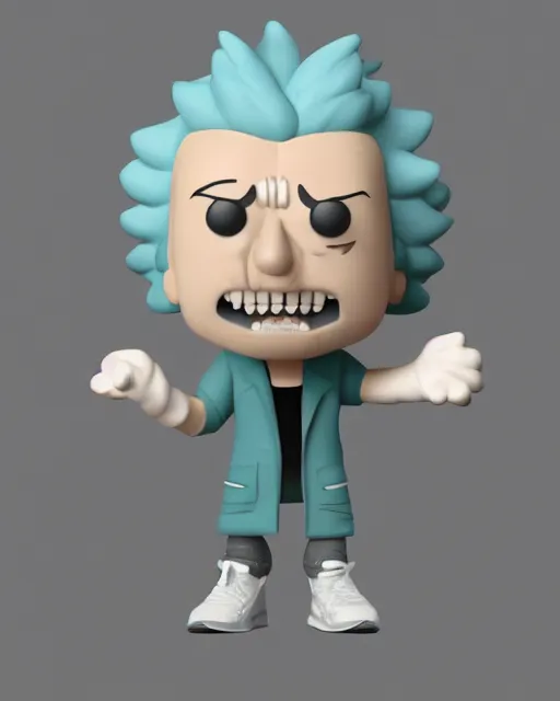 Image similar to full body 3d render of Rick Sanchez as a funko pop, studio lighting, white background, blender, trending on artstation, 8k, highly detailed