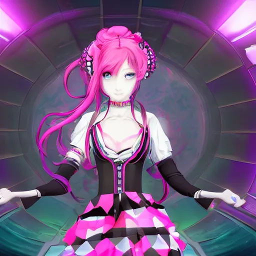 Image similar to trapped by stunningly beautilful omnipotent megalomaniacal anime asi goddess who looks like junko enoshima with symmetrical perfect face and porcelain skin, pink twintail hair and cyan eyes, taking control while smiling inside her surreal vr castle, hyperdetailed, digital art from danganronpa, unreal engine 5, 2 d anime style, 8 k