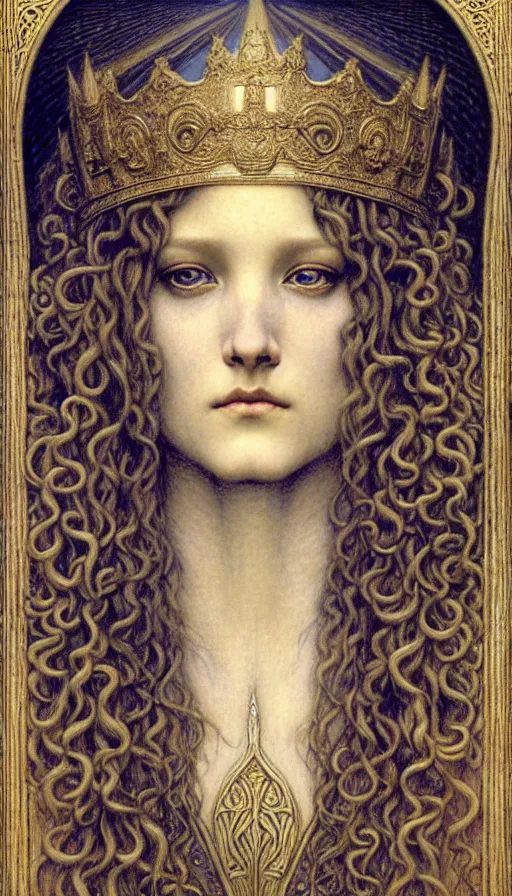 Image similar to detailed realistic beautiful young medieval queen face portrait by jean delville, gustave dore and marco mazzoni, art nouveau, symbolist, visionary, gothic, pre - raphaelite. horizontal symmetry