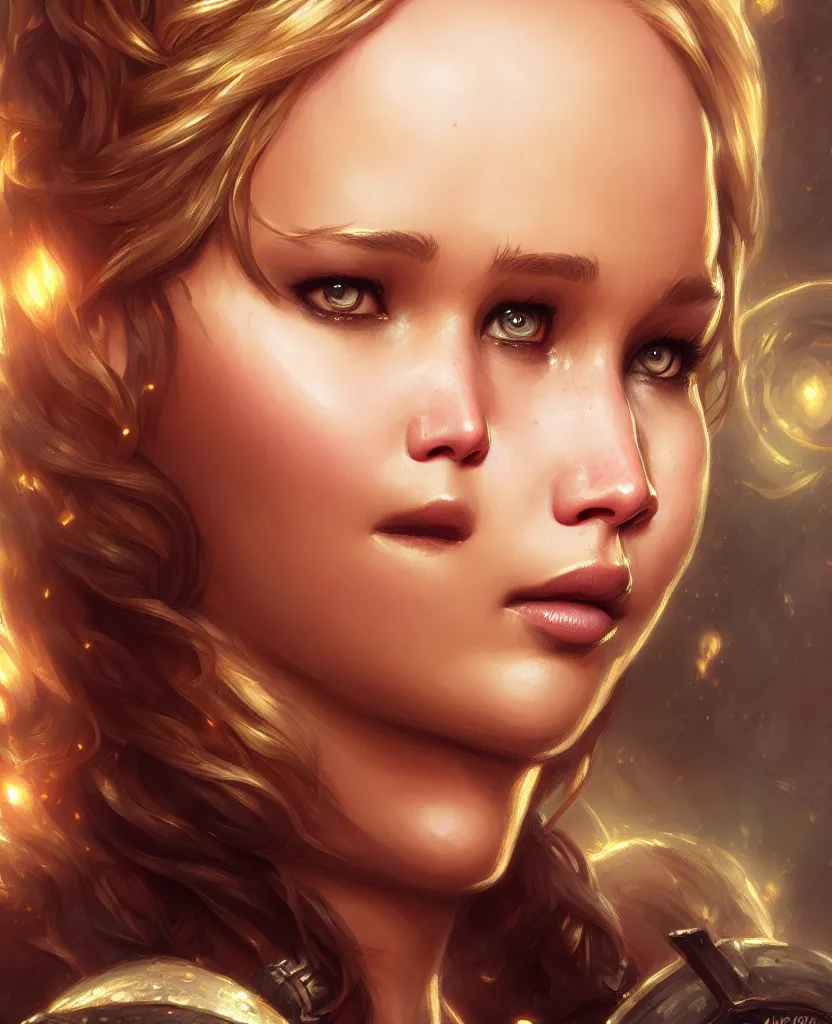 Image similar to Jennifer Lawrence, closeup, D&D, fantasy, intricate, elegant, highly detailed, digital painting, artstation, concept art, matte, sharp focus, illustration, hearthstone, art by Artgerm and Greg Rutkowski and Alphonse Mucha