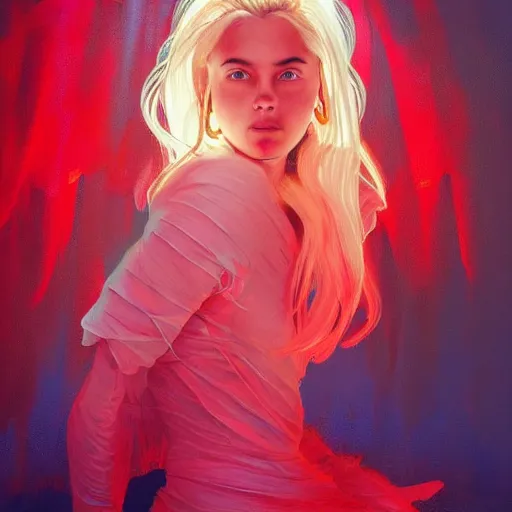 Image similar to clear portrait of billie elish, cottagecore!!, creative abstract background, red volumetric light, hyper detailed, character concept, full body, dynamic pose, elegant, intricate, highly detailed, digital painting, artstation, concept art, smooth, sharp focus, illustration, art by artgerm and greg rutkowski and alphonse mucha