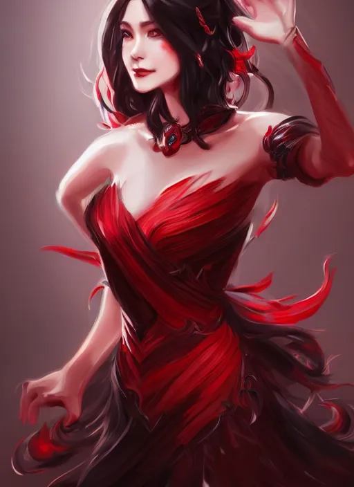 Prompt: a highly detailed illustration of hime cut black long haired woman wearing red dress, elegant smiling pose, perfect face, perfect body, intricate, elegant, highly detailed, centered, digital painting, artstation, concept art, smooth, sharp focus, league of legends concept art, wlop