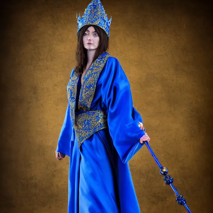 Prompt: full length photo of a very beautiful!! elemental water witch with ornate blue robes staff, highly detailed, 8 k, hdr, smooth, sharp focus, high resolution, award - winning photo