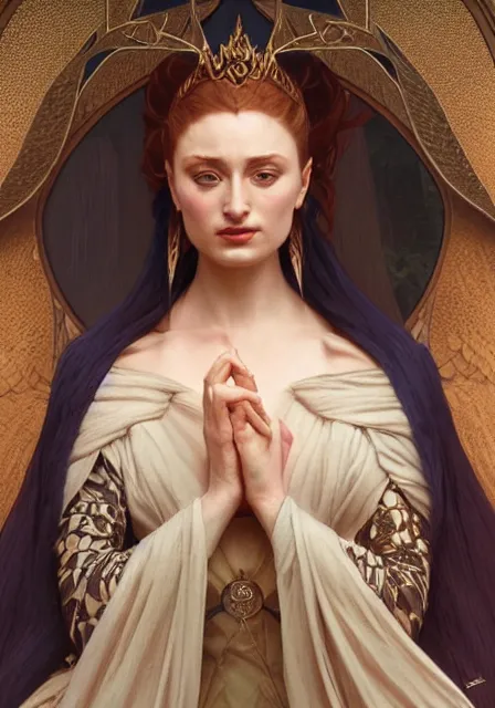 Image similar to portrait of sansa dark monster queen, intricate, elegant, highly detailed, digital painting, artstation, concept art, smooth, sharp focus, illustration, art by artgerm and greg rutkowski and alphonse mucha and william - adolphe bouguereau