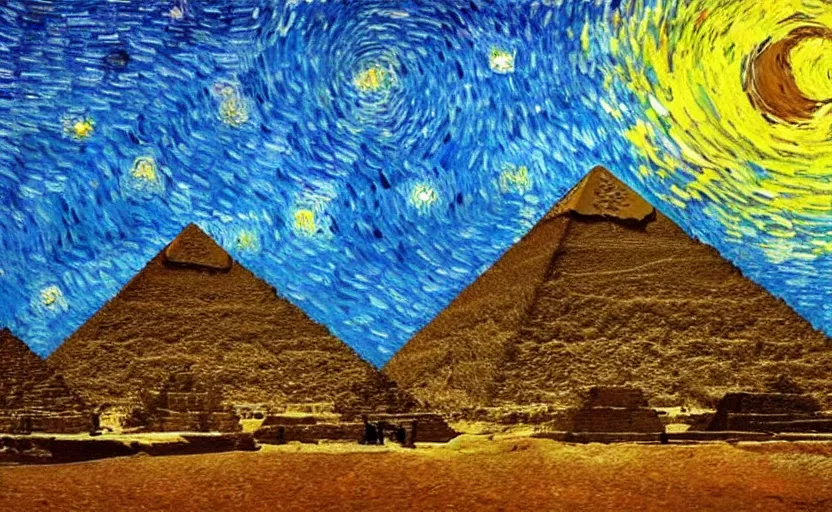 Prompt: The pyramids with Van gogh sky