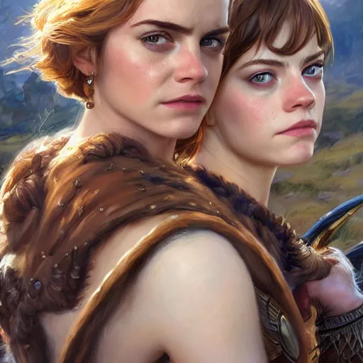 Prompt: a portrait of emma watson and emma stone as a barbarian, detailed, centered, digital painting, artstation, concept art, donato giancola, joseph christian leyendecker, wlop, boris vallejo, breathtaking, 8 k resolution, extremely detailed, beautiful, establishing shot, artistic, hyperrealistic, beautiful face, octane render