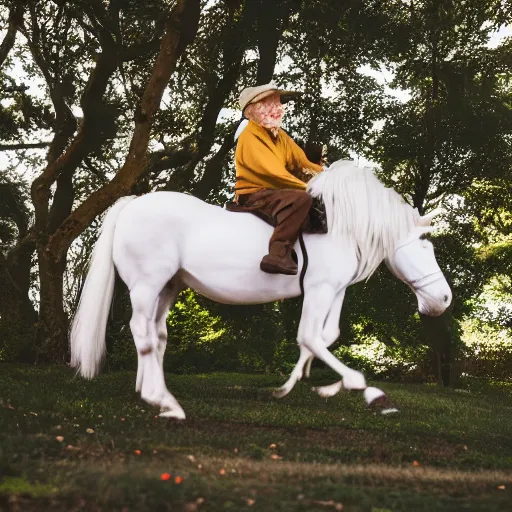 Image similar to An elderly man riding a unicorn, Canon EOS R3, f/1.4, ISO 200, 1/160s, 8K, RAW, unedited, symmetrical balance, in-frame