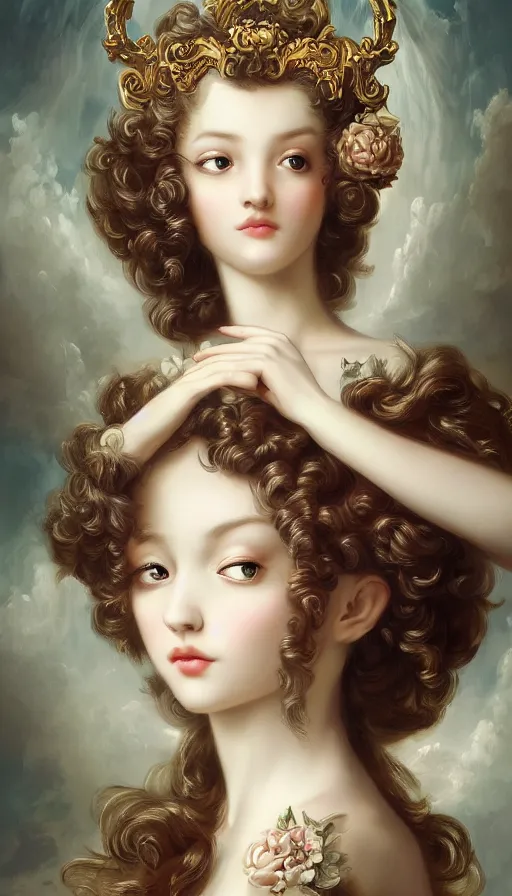 Image similar to pop surrealism, rococo, baroque hair, angelic young female seductive - fine - face, pretty face, key visual, realistic shaded perfect face, fine details by stanley artgerm lau, wlop, mark ryden, andrei riabovitchev, marc simonetti, and sakimichan, trending on artstation