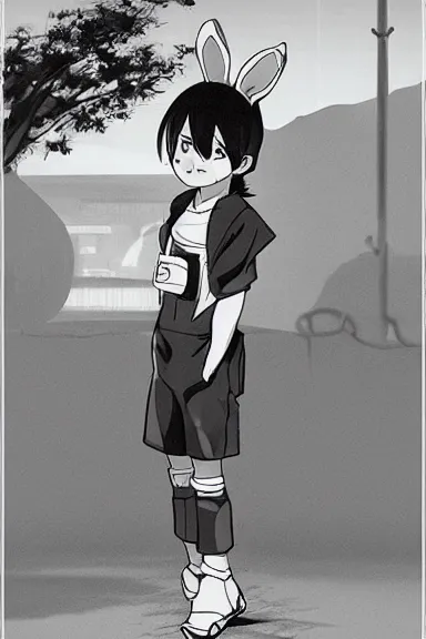 Image similar to attractive little boy wearing an bunny suit, black and white artwork in manga style, made by makoto shinkai