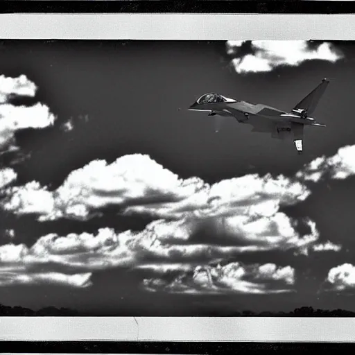 Prompt: fighter jet from the 5 0 s beautiful clouds in the background, grainy footage, black and white