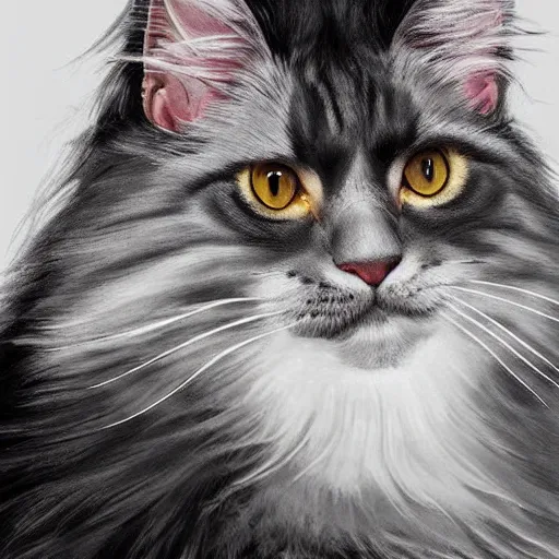 Image similar to a big magnificent dark gray maine coon mix cat with white belly, white paws and white face markings with long fur and fluffy tail, sitting, intricate, elegant, highly detailed, digital painting, artstation, concept art, matte, sharp focus, illustration, art by Artgerm and Greg Rutkowski and Alphonse Mucha