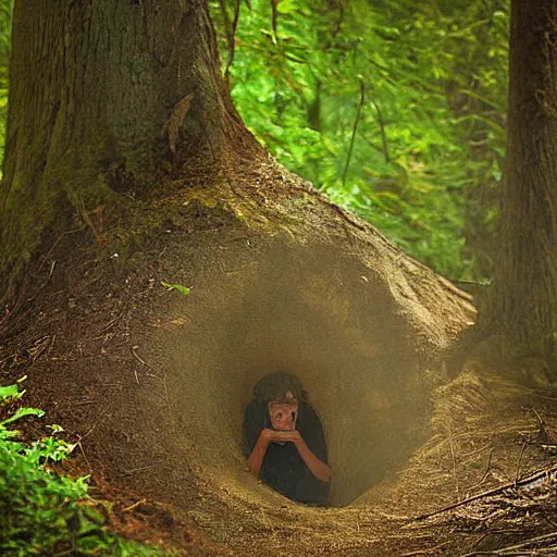 Image similar to woodland photograph of faceless demands crawling out of a hole in reality