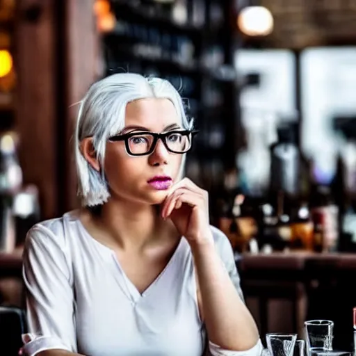 Prompt: stunning sci - fi girl in glasses with white hair at the bar staring at you piercingly