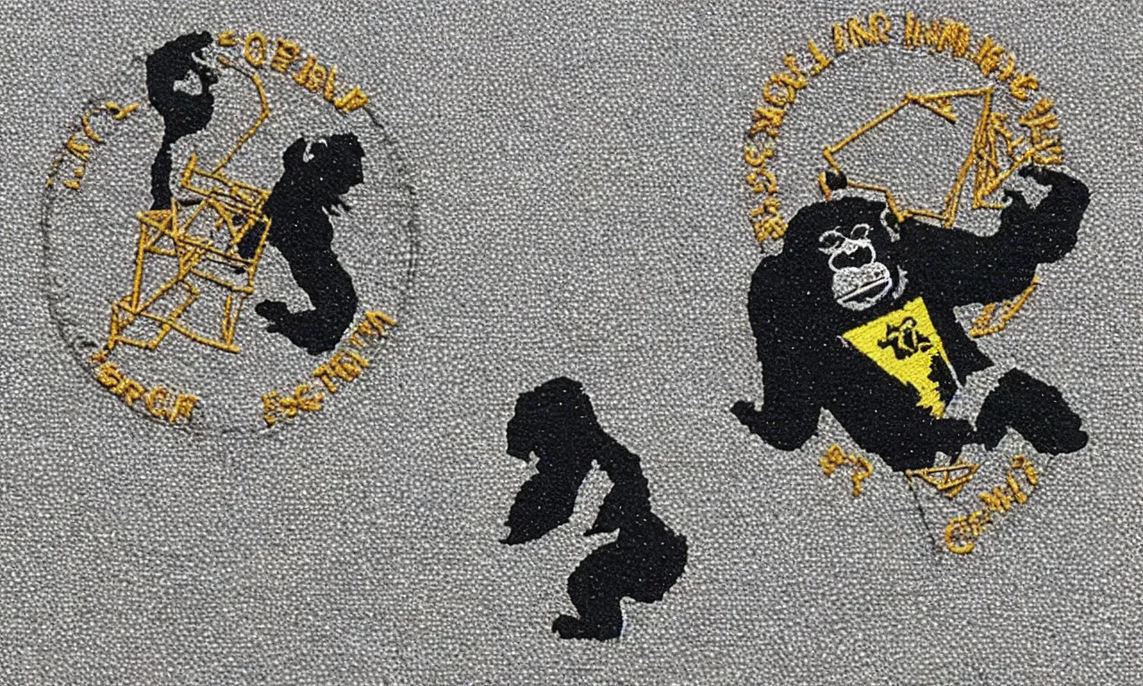 Image similar to a gorilla climbing a communications tower. breaking lighting bolts. round, circular embroidered us radar corps patch 8 k /