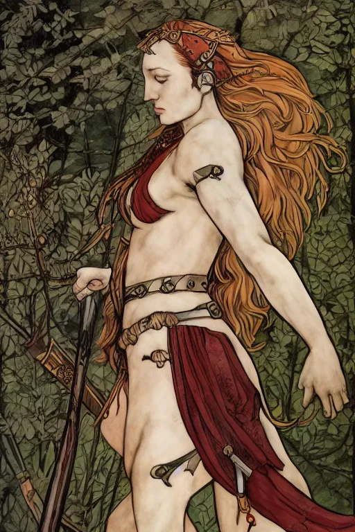 Prompt: boudica the barbarian queen, in a mixed style of Botticelli and Æon Flux, inspired by pre-raphaelite paintings and shoujo manga, a misty moor landscape in the background, hyper detailed, stunning inking lines, flat colors, 4K photorealistic