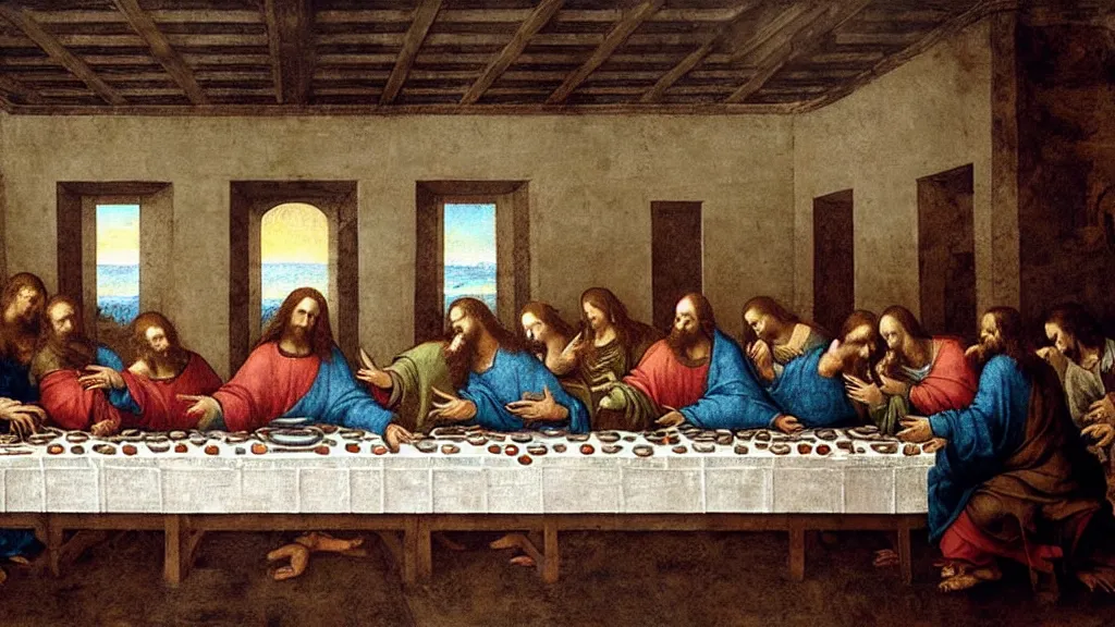 Prompt: the last supper by da vinci but jesus and his disciples are all dabbing