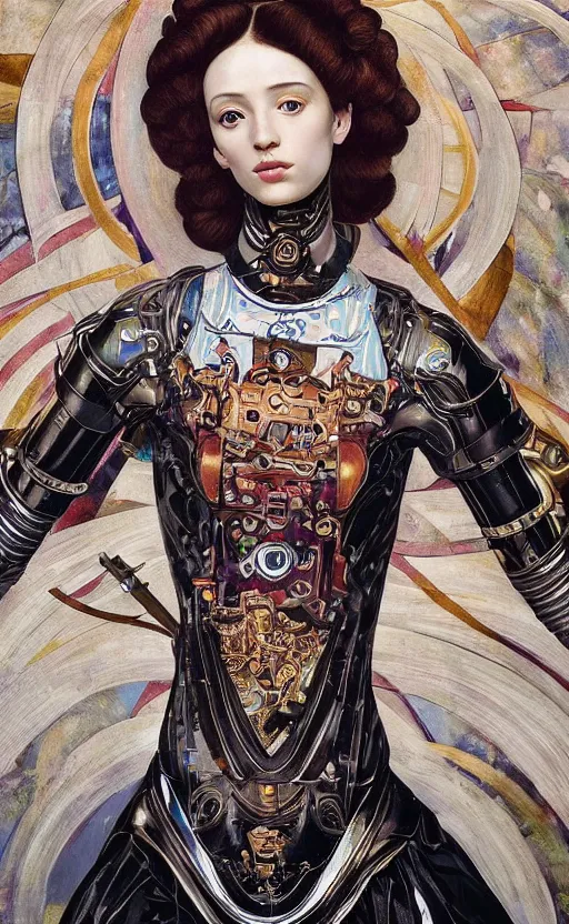 Prompt: beautifully painted mural of a stunning young cyborg muse in ornate royal armor, piercing glowing eyes, sci fi scenery, vogue cover poses, mural in the style of sandro botticelli, caravaggio, albrecth durer