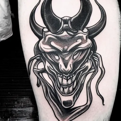 Image similar to 3/4 full body shot of demon with hoofs and horns in heroic pose, black and white ink tattoo
