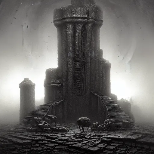 Image similar to A dark and foreboding dungeon, filled with ancient relics and dark secrets, in the style of Keith Thompson and Zdzislaw Beksinski, Artstation HD, 8k, Surrealistic digital artwork,