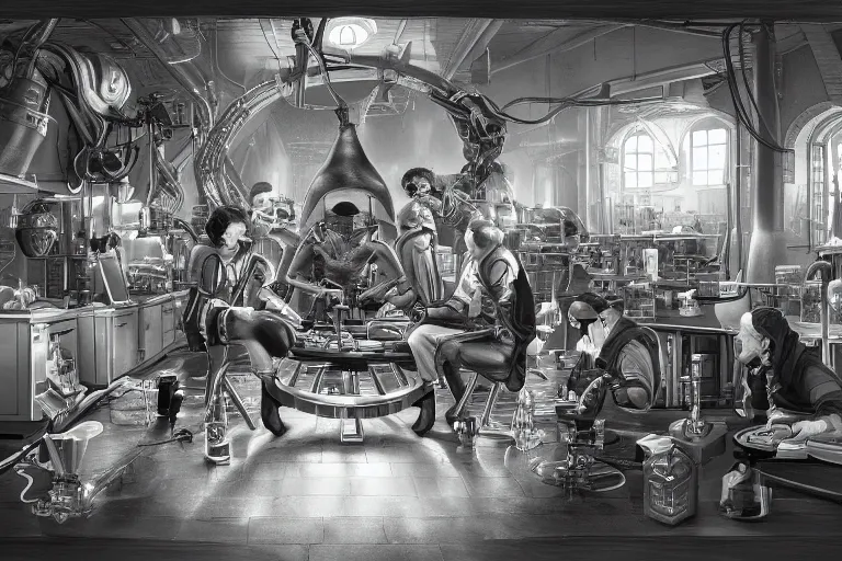 Image similar to a beautiful highly detailed masterpiece photograph of wizards performing cutting edge prompt engineering in a scientific laboratory, trending on artstation