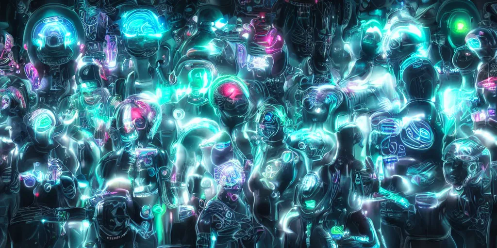 Prompt: diverse groups of cyborgs with glowing electronic bodies, from behind, rebirth, beauty, wide angle, elaborate, wet, highly detailed, colors, beautiful lighting